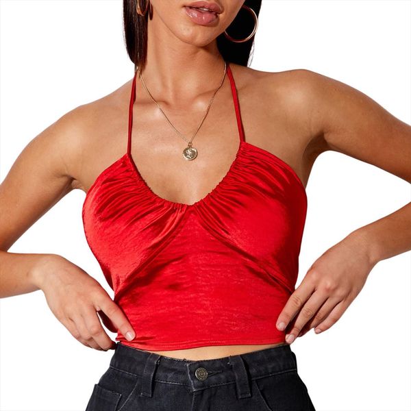 crop summer women cami pure colour sleeveless halter neck ruched camisole for lady backless camis, White
crop summer women cami pure colour sleeveless halter neck ruched camisole for lady backless camis, White