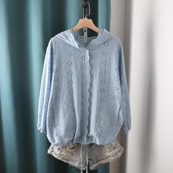 women's blouses & shirts hollow out embroidery cotton loose hooded summer long sleeve shirt female, White
women's blouses & shirts hollow out embroidery cotton loose hooded summer long sleeve shirt female, White