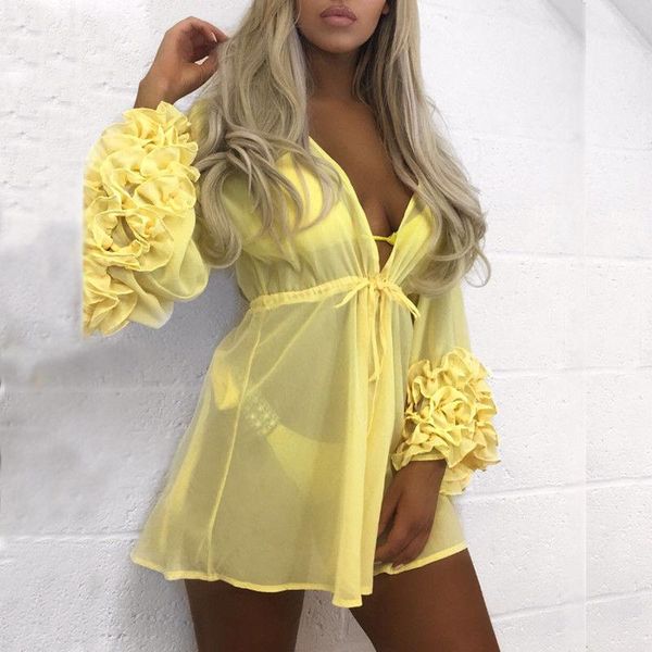 women bikini cover up long sleeve with flower bathing suit solid summer swimwear mesh beach dress female tied tunic women's, White;black
women bikini cover up long sleeve with flower bathing suit solid summer swimwear mesh beach dress female tied tunic women's, White;black