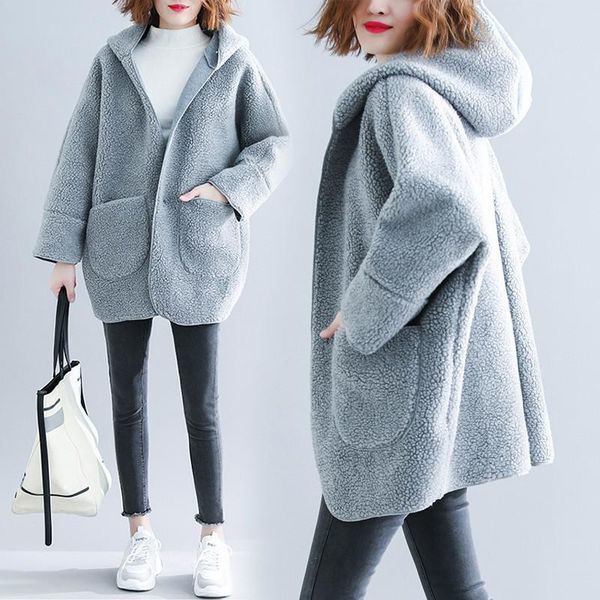 women's wool & blends autumn winter plus size woolen blended coat 2021 korean loose solid thicken warm hooded lambswool outerwear femal, Black
women's wool & blends autumn winter plus size woolen blended coat 2021 korean loose solid thicken warm hooded lambswool outerwear femal, Black
