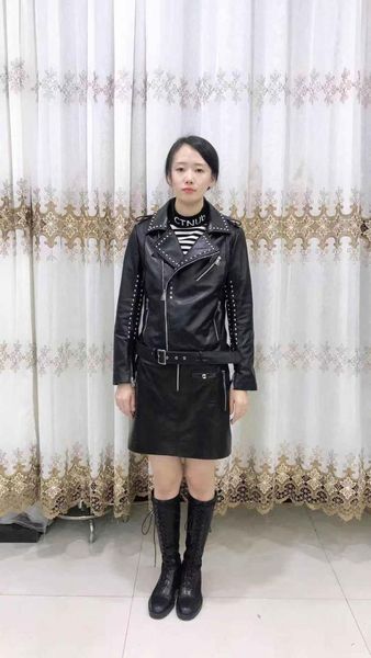 women's leather & faux jacket 2021 spring sheep motorcycle wind rivet coat, Black
women's leather & faux jacket 2021 spring sheep motorcycle wind rivet coat, Black
