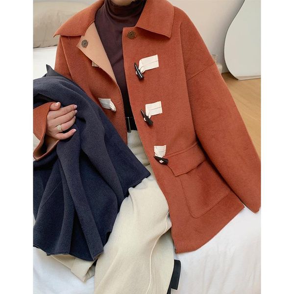 women's wool & blends ox horn button double-sided coat middle length 2021 winter loose and thin foreign style woolen, Black
women's wool & blends ox horn button double-sided coat middle length 2021 winter loose and thin foreign style woolen, Black
