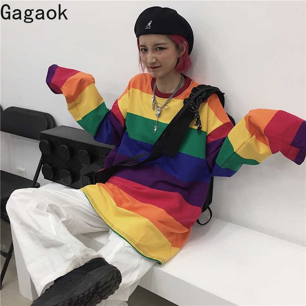 streetwear women rainbow t-shirt spring autumn o-neck striped long loose casual harajuku wild female fashion pullover 210531, White
streetwear women rainbow t-shirt spring autumn o-neck striped long loose casual harajuku wild female fashion pullover 210531, White