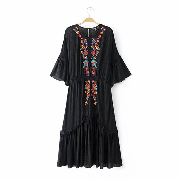 black white floral embroidery o neck 3/4 sleeve flare dot maxi long dress autumn d0685 210514, Black;gray
black white floral embroidery o neck 3/4 sleeve flare dot maxi long dress autumn d0685 210514, Black;gray