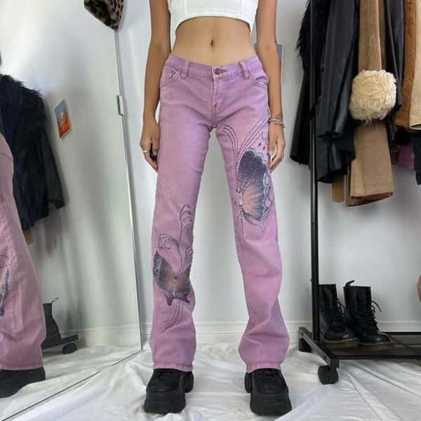 women's jeans 2021 autumn winter straight low waist for women vintage printed butterfly denim pants female casual trousers p893, Blue 
women's jeans 2021 autumn winter straight low waist for women vintage printed butterfly denim pants female casual trousers p893, Blue