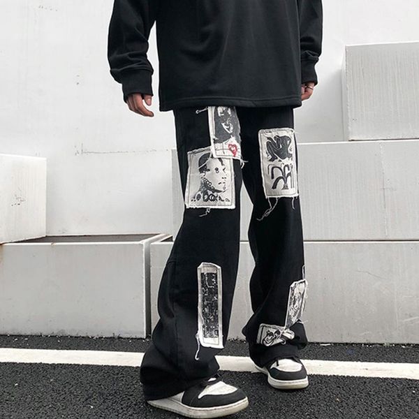 men's jeans harajuku sashes patch retro straight black pants for men oversize washed high street casual denim trousers, Blue
men's jeans harajuku sashes patch retro straight black pants for men oversize washed high street casual denim trousers, Blue