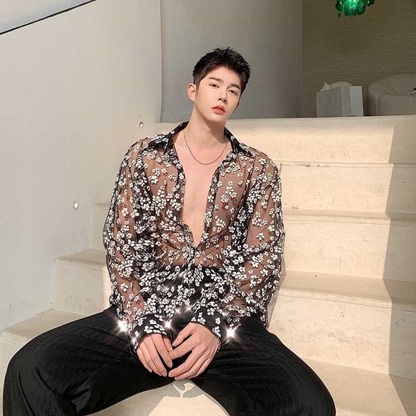 men's men see through long sleeve casual thin flower shirt male vintage fashion streetstyle loose dress shirts stage show clothing, White;black
men's men see through long sleeve casual thin flower shirt male vintage fashion streetstyle loose dress shirts stage show clothing, White;black