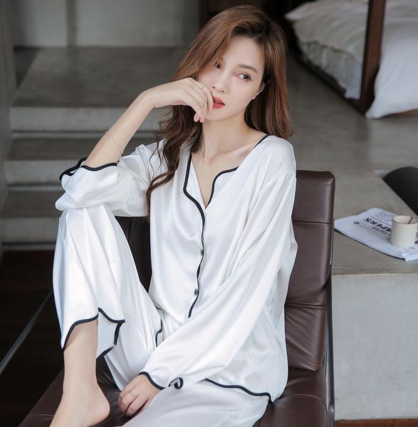 pajamas women's spring autumn ice silk real net red high-grade feeling thin home clothes summer two piece pants, White
pajamas women's spring autumn ice silk real net red high-grade feeling thin home clothes summer two piece pants, White