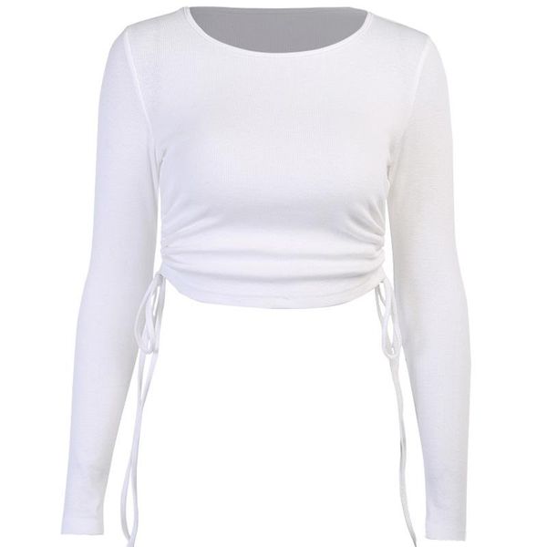 women's t-shirt fashion round neck hem lace-up solid color long-sleeved women, White
women's t-shirt fashion round neck hem lace-up solid color long-sleeved women, White