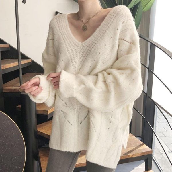 women's sweaters korean chic sweater elegant deep v-neck long sleeve twist cut out medium and hem split knit women, White;black
women's sweaters korean chic sweater elegant deep v-neck long sleeve twist cut out medium and hem split knit women, White;black