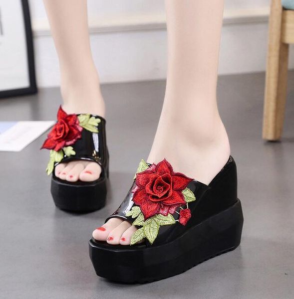 slippers womens high heel wedge sandals floral platform mule peep toe shoes, Black