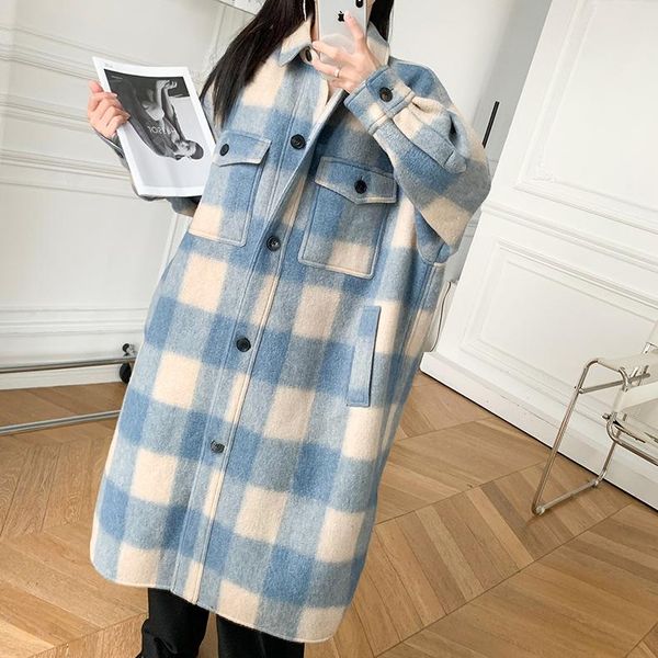 women's wool & blends women plaid long coat woolen blue red pink color sleeve turn-down collar 2021 autumn winter ladies jacket with po, Black
women's wool & blends women plaid long coat woolen blue red pink color sleeve turn-down collar 2021 autumn winter ladies jacket with po, Black