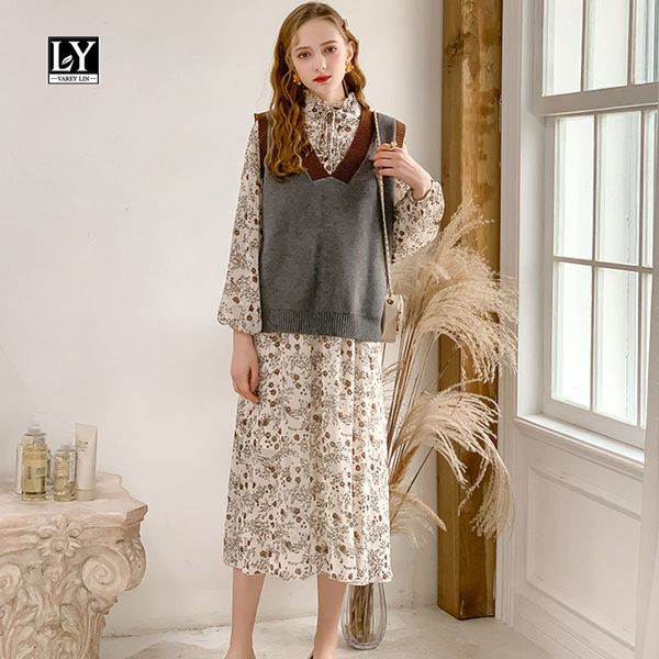 dresses autumn sweater dress two piece set elegant floral print stand collar long sleeve loose ladies streetwear, Black;gray
