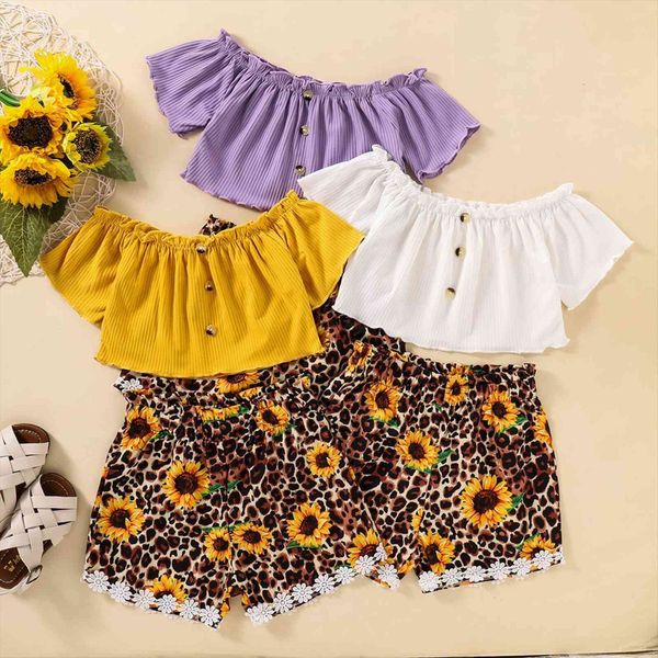 2 7y summer lovely infant kids girls clothes sets 2pcs off shoulder solid t shirts sunflowers leopard shorts, White 
2 7y summer lovely infant kids girls clothes sets 2pcs off shoulder solid t shirts sunflowers leopard shorts, White