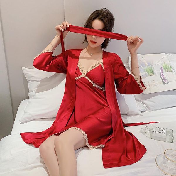 women's sleepwear burgundy bride wedding robe set satin lace kimono gown 2pcs lady mini strap nightdress summer loose thin simple bathr, Black;red
women's sleepwear burgundy bride wedding robe set satin lace kimono gown 2pcs lady mini strap nightdress summer loose thin simple bathr, Black;red