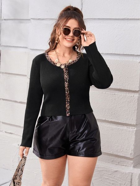 plus leopard print ribbed knit cardigan t7bu#, Black