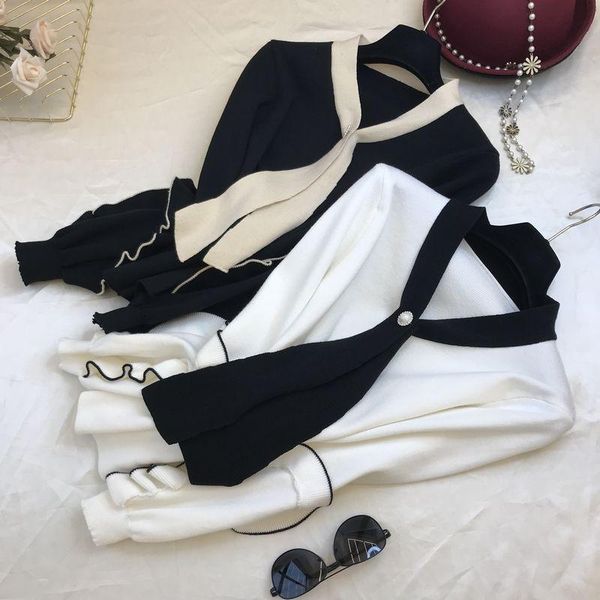 women's sweaters ruffles sleeve bow sweater women autumn pull femme pullover, White;black
women's sweaters ruffles sleeve bow sweater women autumn pull femme pullover, White;black