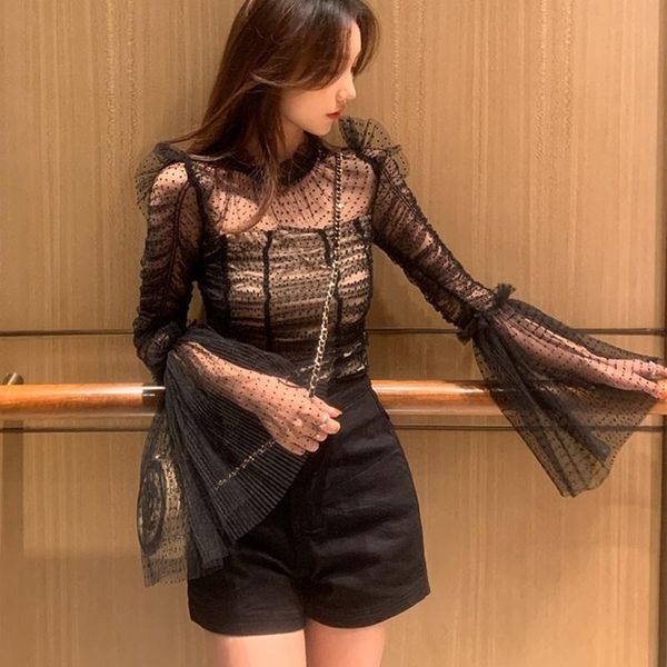women's blouses & shirts mesh patchwork dot t shirt for women stand collar flare sleeve ruched female fashion blouse 2021 21279, White
women's blouses & shirts mesh patchwork dot t shirt for women stand collar flare sleeve ruched female fashion blouse 2021 21279, White