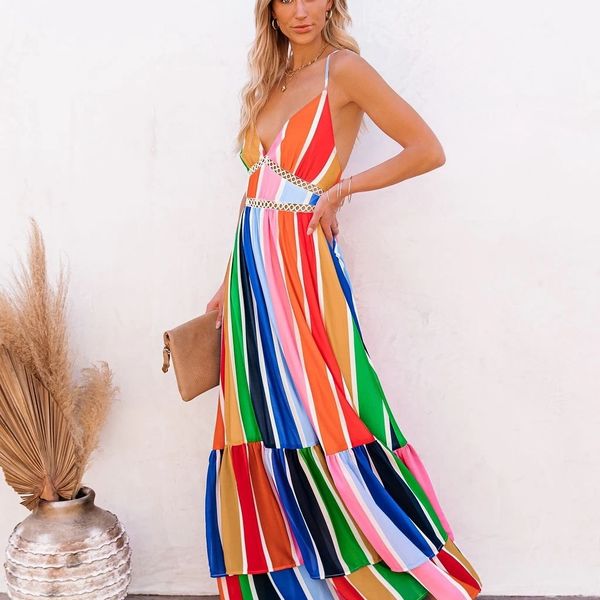 rainbow stripe print lace stitching deep v new bandage long dress, White;black
rainbow stripe print lace stitching deep v new bandage long dress, White;black