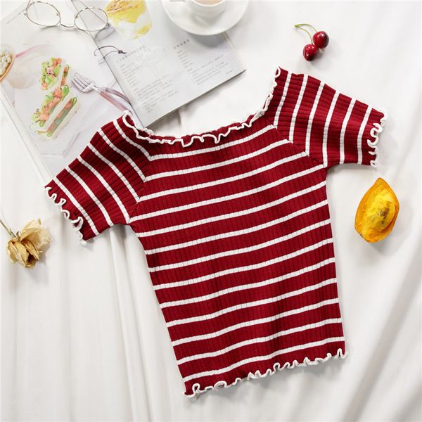 women summer stripes flounce hem knitted t-shirts casual tees off shoulder cute for 210518, White
women summer stripes flounce hem knitted t-shirts casual tees off shoulder cute for 210518, White