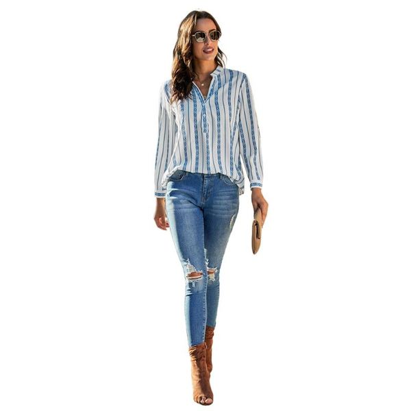 women's blouses & shirts european and american autumn style v-neck striped shirt loose pullover top, White
women's blouses & shirts european and american autumn style v-neck striped shirt loose pullover top, White