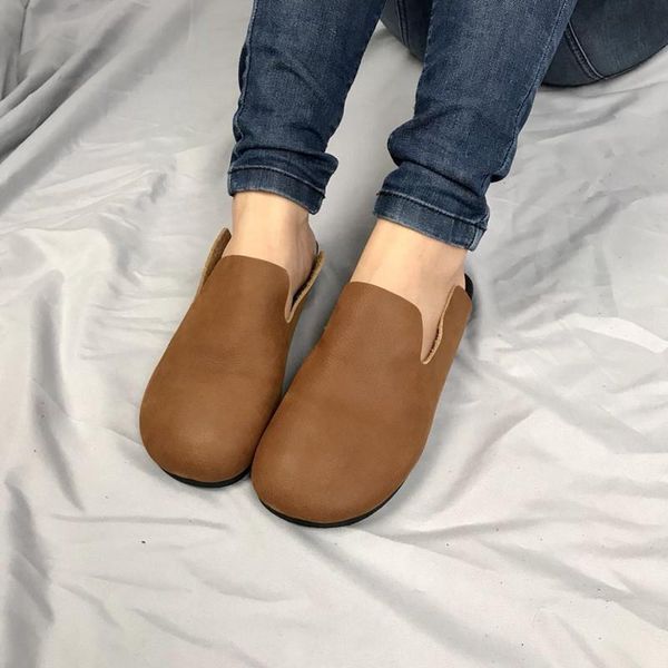 slippers women genuine leather handmade retro flip flops beach shoes solid casual ladies, Black
