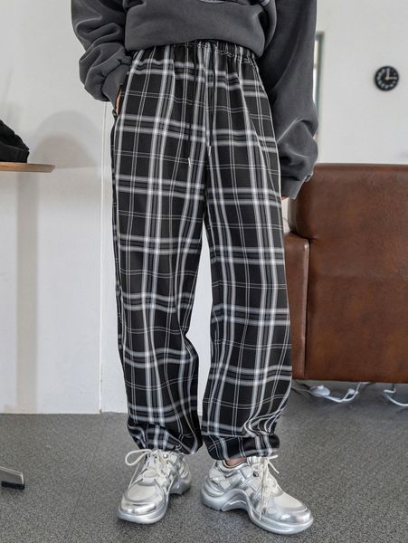 dazy drawstring hem plaid pants o4ka#, Black;white
dazy drawstring hem plaid pants o4ka#, Black;white