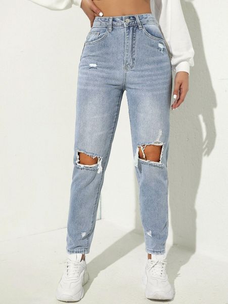 ripped detail mom jeans p107#, Blue 
ripped detail mom jeans p107#, Blue