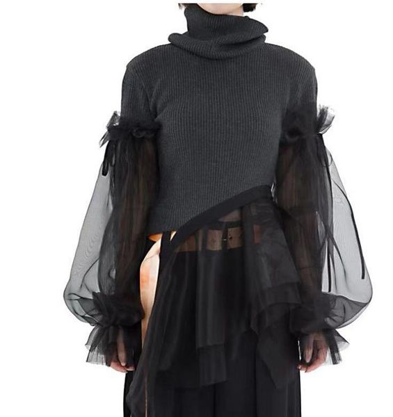 women's sweaters patchwork mesh sweater women turtleneck puff long sleeve ruffle hem knitting pullovers female 2021 clothing fashion, White;black
women's sweaters patchwork mesh sweater women turtleneck puff long sleeve ruffle hem knitting pullovers female 2021 clothing fashion, White;black