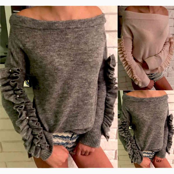 women's sweaters fashion ruffles long sleeve loose knitted clothes knitwear off shoulder jumper oversized pullovers outwear q85p, White;black
women's sweaters fashion ruffles long sleeve loose knitted clothes knitwear off shoulder jumper oversized pullovers outwear q85p, White;black