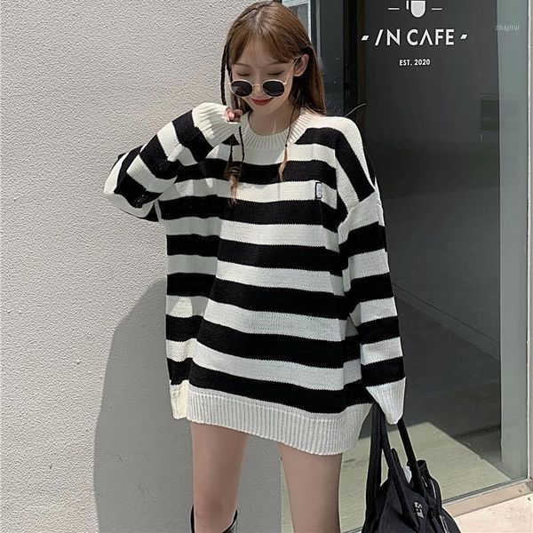 women's sweaters striped loose round neck pullover contrast sweater all-match trend 2021 autumn fashion, White;black
women's sweaters striped loose round neck pullover contrast sweater all-match trend 2021 autumn fashion, White;black