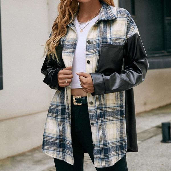 women's jackets loose plaid color matching shirt casual double pocket pu stitching winter jacket female, Black;brown
women's jackets loose plaid color matching shirt casual double pocket pu stitching winter jacket female, Black;brown
