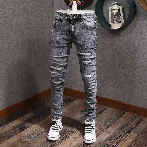 jeans american streetwear fashion men slim fit elastic ripped jeans retro gray vintage designer hip hop long pants, Blue
jeans american streetwear fashion men slim fit elastic ripped jeans retro gray vintage designer hip hop long pants, Blue