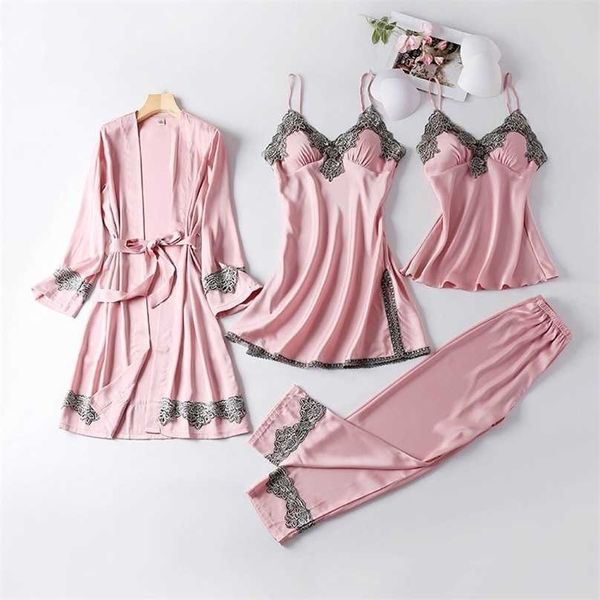 july's song 4 pieces women pajamas sets faux silk sleepwear elegant lace fashion spring autumn homewear 211109, Black;red
july's song 4 pieces women pajamas sets faux silk sleepwear elegant lace fashion spring autumn homewear 211109, Black;red