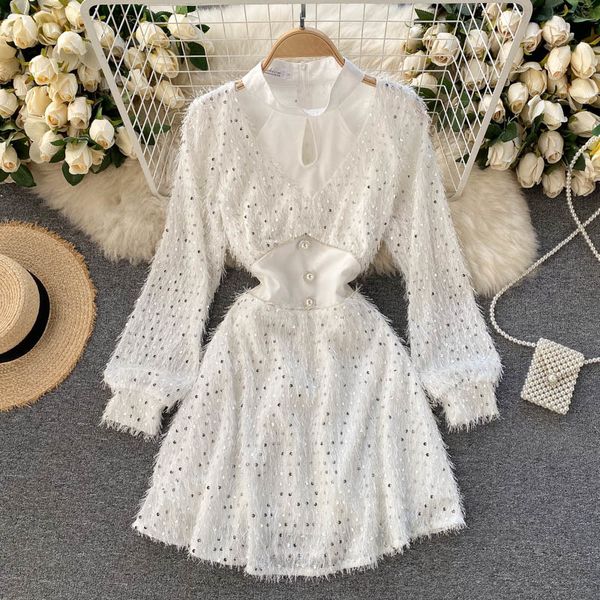 dress french style splicing sequin tassel long sleeve vintage women 2021 spring ladies o-neck mini elegant party robe uqzf, Black;gray
dress french style splicing sequin tassel long sleeve vintage women 2021 spring ladies o-neck mini elegant party robe uqzf, Black;gray