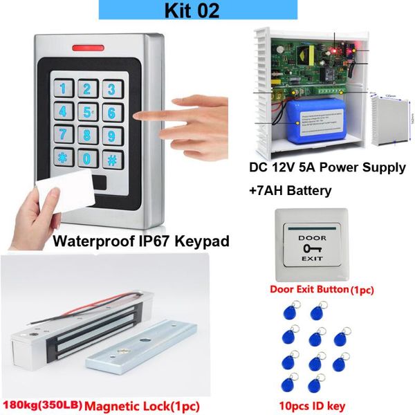 wapterproof card ketpad access control system sets dc12v 5a power supply w/ backup battery ac 100~240v 180kg magnetic lock fingerprint