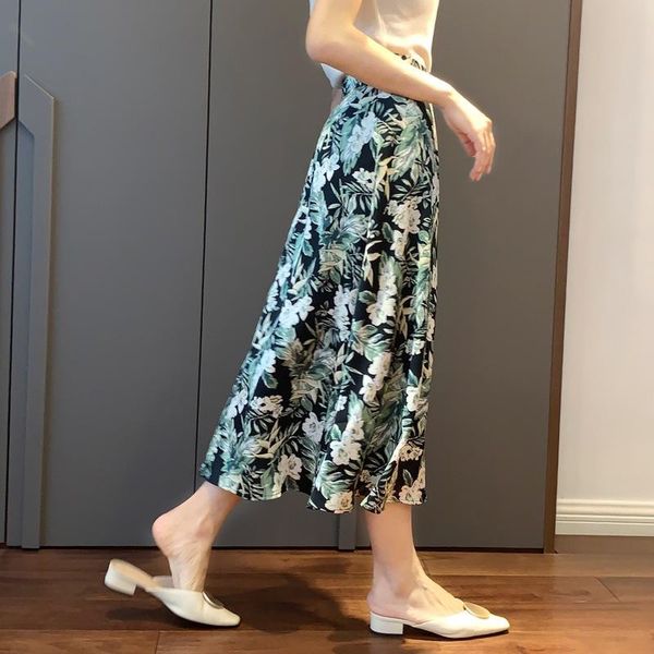 skirts elegant moves the heart green printing alex vines long summer temperament a-line skirt, Black