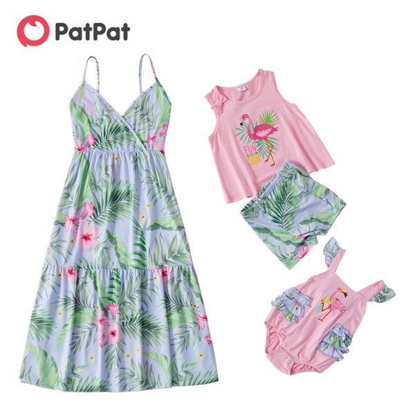 summer mosaic mommy and me flamingo plant print tank dresses 210528, Blue