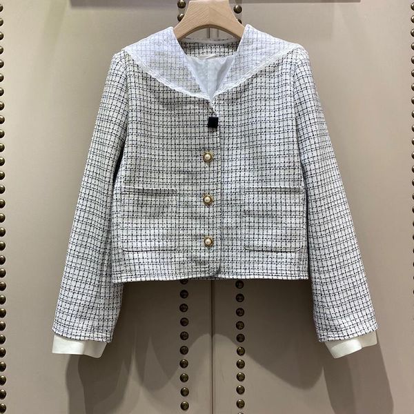 women's jackets fashion plaid tweed women mesh sailor collar long sleeve spliced wristband pearls short coats lady 2021, Black;brown
women's jackets fashion plaid tweed women mesh sailor collar long sleeve spliced wristband pearls short coats lady 2021, Black;brown