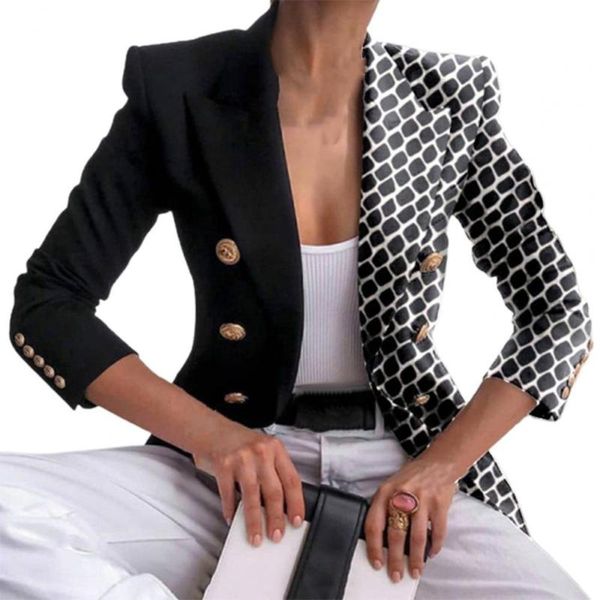 women's suits & blazers women autumn blazer 2021 fashion print double breasted winter lapel long sleeve slim jacket for office, White;black
women's suits & blazers women autumn blazer 2021 fashion print double breasted winter lapel long sleeve slim jacket for office, White;black