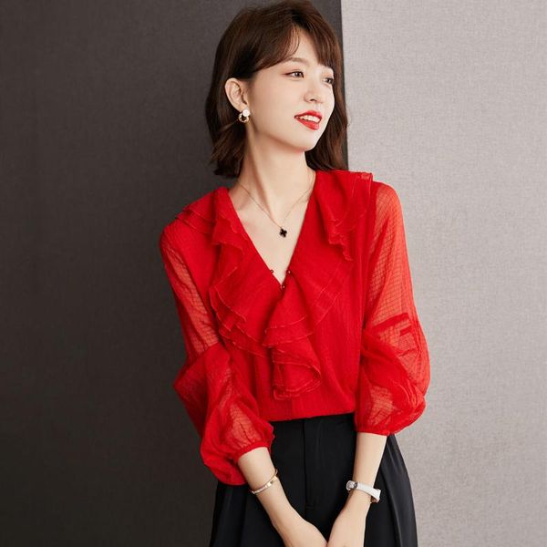 women's t-shirt in 2021 autumn shirt ruffled v-neck slimming bishop sleeves top, White
women's t-shirt in 2021 autumn shirt ruffled v-neck slimming bishop sleeves top, White