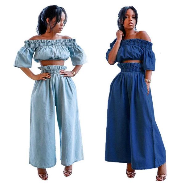women's two piece pants s-2xl casual jeans suit women denim pieces set blue off shoudler and wide leg matching wholesale drop, White 
women's two piece pants s-2xl casual jeans suit women denim pieces set blue off shoudler and wide leg matching wholesale drop, White