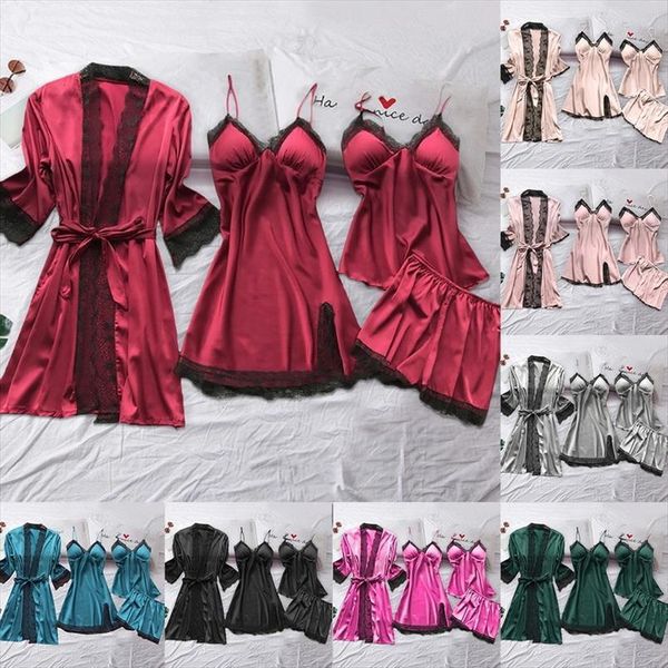 satin pajama set solid womens sleepwears lace straps silk with chest pads 4 piece, Black;red
satin pajama set solid womens sleepwears lace straps silk with chest pads 4 piece, Black;red