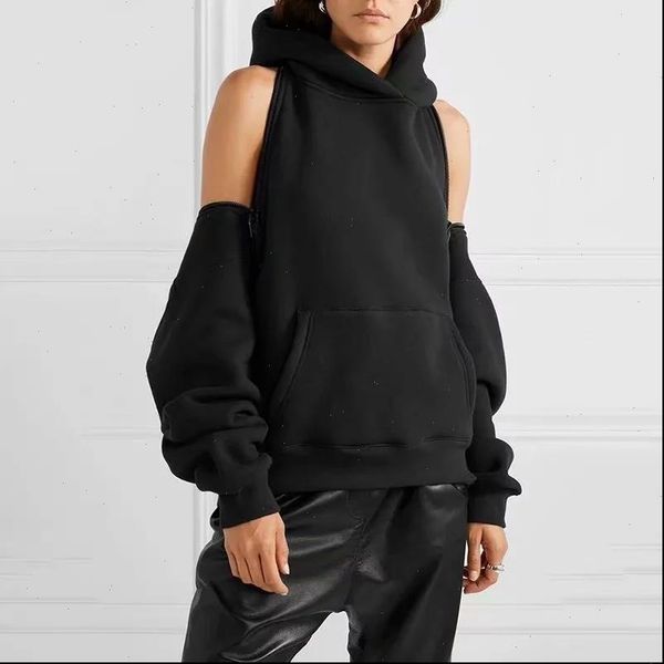 women hoodie womens reversible off shoulder fleece hooded pullover tracksuit high street, Black