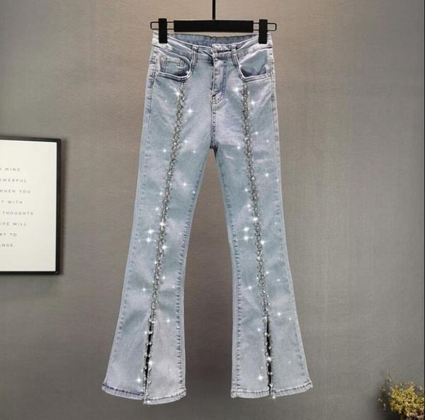 women's jeans 2021 summer stretch slim slimming heavy industry diamond-studded trousers with slits, Blue
women's jeans 2021 summer stretch slim slimming heavy industry diamond-studded trousers with slits, Blue