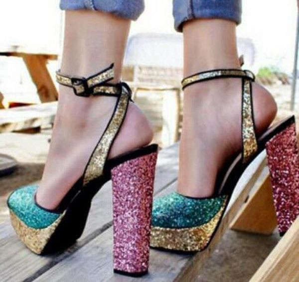 women blingbling patchwork color thick heel sandals sequined shinning chunky super high dress shoes, Black
women blingbling patchwork color thick heel sandals sequined shinning chunky super high dress shoes, Black