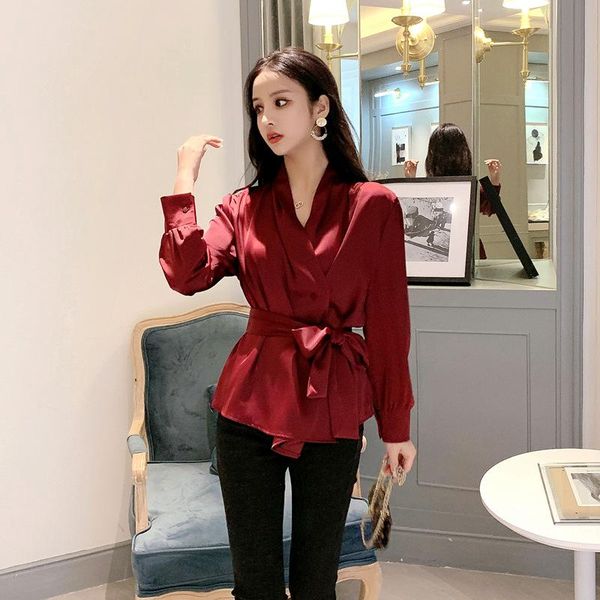 women's blouses & shirts 2021 spring slim waist female long puff sleeve v-neck buttons women with belt office lady elegant, White
women's blouses & shirts 2021 spring slim waist female long puff sleeve v-neck buttons women with belt office lady elegant, White