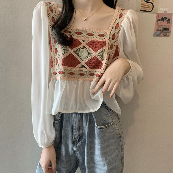 women's blouses & shirts blusas mujer sweet retro korean chic square neck crochet stitching long-sleeved chiffon blouse women wild tem, White
women's blouses & shirts blusas mujer sweet retro korean chic square neck crochet stitching long-sleeved chiffon blouse women wild tem, White