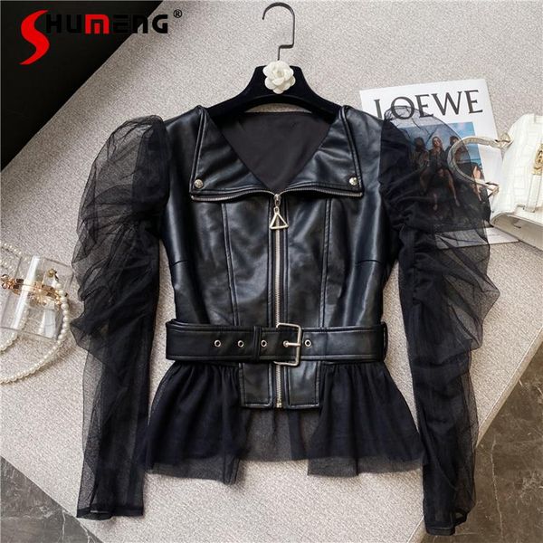 women's jackets 2021 early autumn fashion mesh short stitching leather coat black slim-fit puff sleeve jacket for ladies, Black;brown
women's jackets 2021 early autumn fashion mesh short stitching leather coat black slim-fit puff sleeve jacket for ladies, Black;brown