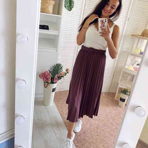 gigogou spring autumn women pleated with belt elegant high waist a line midi skirt long tulle tutu skirts jupe longue 210323, Black